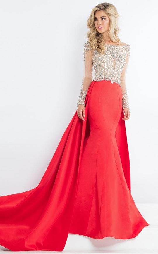 Rachel Allan Prima Donna - 5953 Long Sleeve Beaded Lace A-line Gown in Red