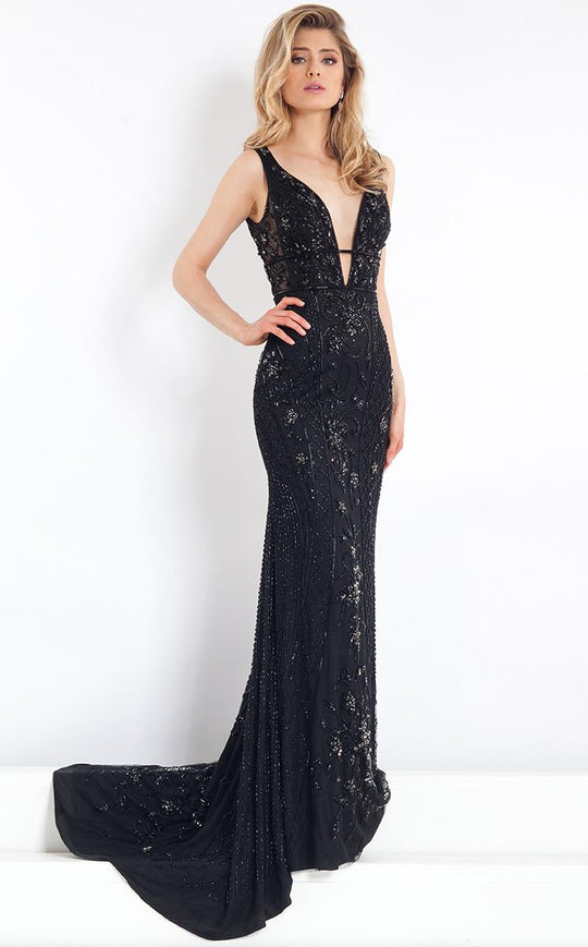 Rachel Allan Prima Donna - 5957 Plunging Embellished Jersey Gown in Black
