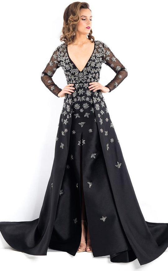 Rachel Allan Prima Donna - 5962 Long Sleeve Floral Applique Long Gown in Black