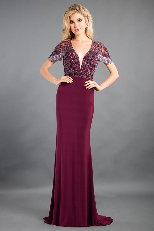 Rachel Allan Couture - 8294 Fringe Short Sleeves Plunging Gown in Red