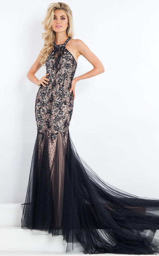 Rachel Allan Prima Donna - 5963 Halter Floral Embellished Long Gown  in Black and Neutral