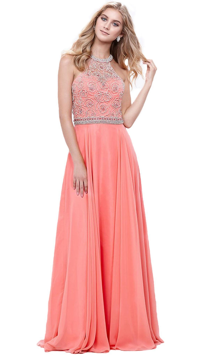 Beaded Illusion Halter A-line Dress