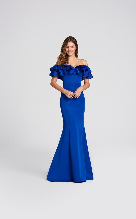 Ellie Wilde - EW118004 Tiered Ruffle Off Shoulder Mermaid Gown In Blue