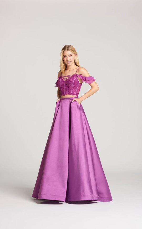 Ellie Wilde - EW118008 Ruffled Off Shoulder Lace Corset Two-Piece Gown In Pink