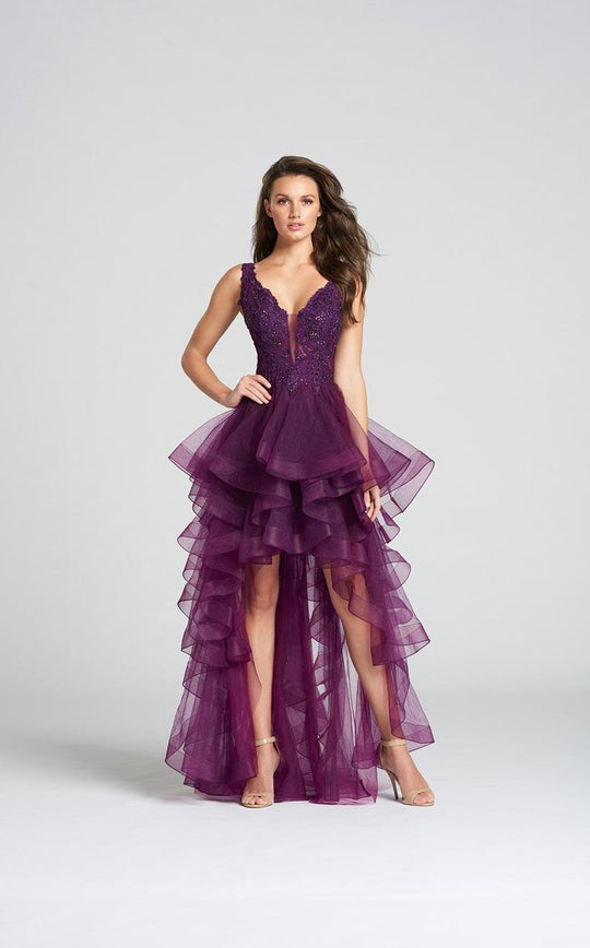 Ellie Wilde - EW118035 Plunging V-Neck Appliqued High Low Gown In Purple