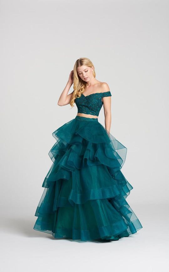 Ellie Wilde - EW118040 Two-Piece Lace Off-Shoulder Tiered A-Line Gown In Green