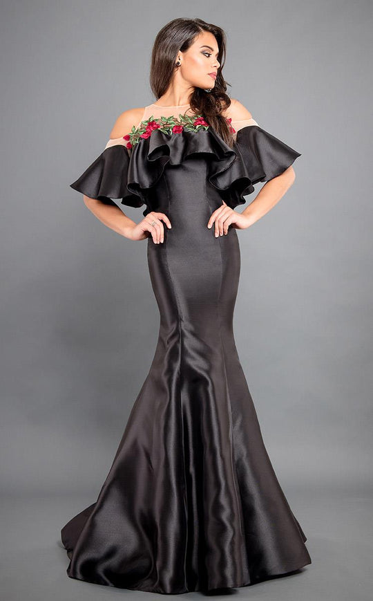 Rachel Allan Couture - 8301 Floral Embroidered Ruffled Mermaid Gown  in Black