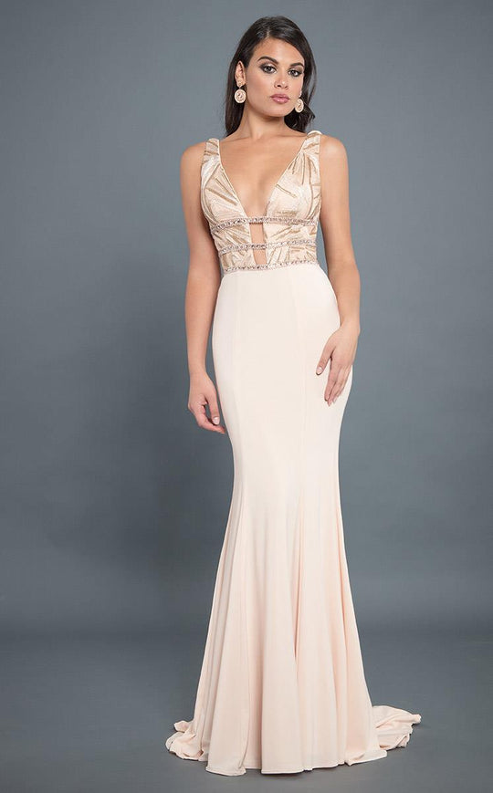 Rachel Allan Couture - 8304 Sequined Plunging V Neck Jersey Gown in Neutral