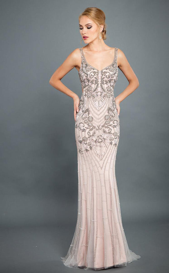 Rachel Allan - Beaded V Neck Open Back Gown 8317 In Gray