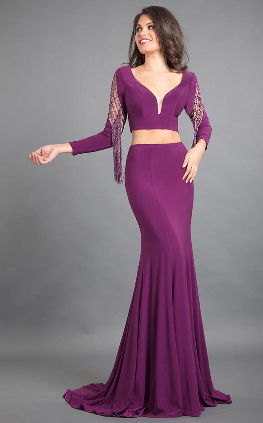 Rachel Allan Couture - 8326 Two Piece Plunging Fitted Tassel Gown in Purple