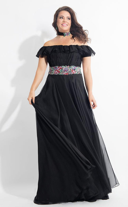 Rachel Allan Curves - 6301 Floral Beaded Off-Shoulder Chiffon Dress in Black