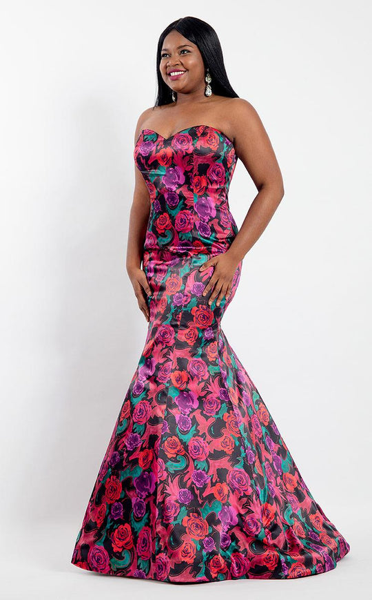 Rachel Allan Curves - 6312 Strapless Sweetheart Mermaid Gown in Black and Multi-Color