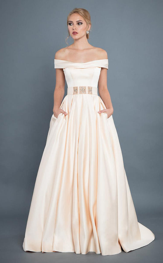 Rachel Allan Couture - 8306 Off-Shoulder Matte Satin Ballgown in Neutral