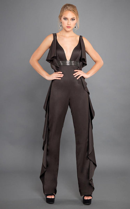 Rachel Allan Couture - 8308 Embellished Deep V-neck Jumpsuit in Black