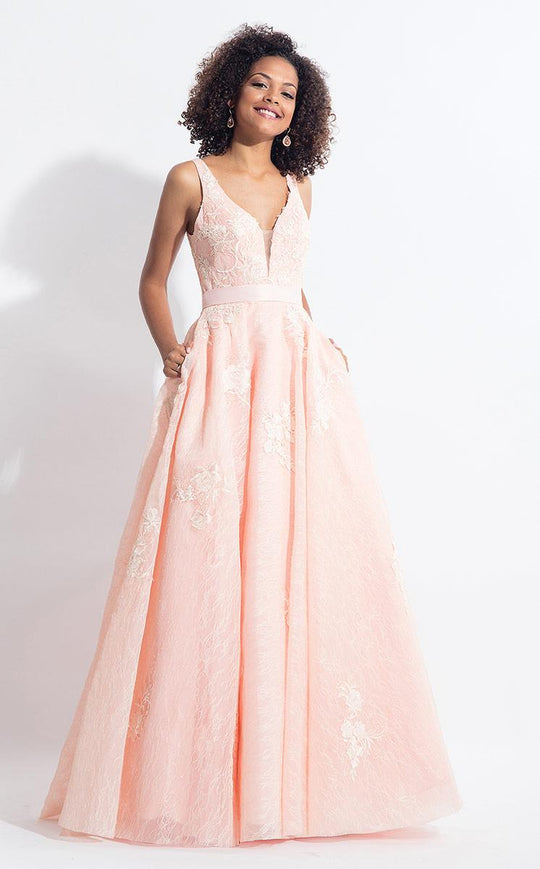Rachel Allan  - 6027 Sleeveless Plunging Applique A-Line Gown in Pink