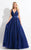 Rachel Allan  - 6027 Sleeveless Plunging Applique A-Line Gown in Blue