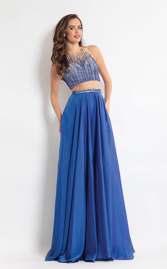 Rachel Allan  - 6060 Embellished Illusion Halter A-line Dress in Blue