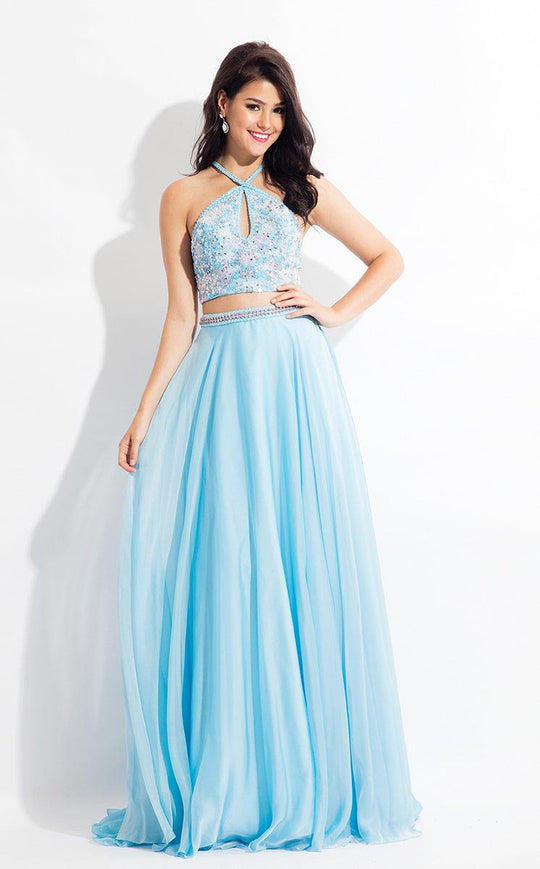Rachel Allan  - 6063 Beaded Halter A-line Dress in Blue