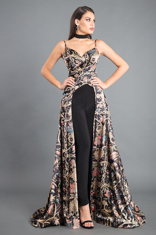 Rachel Allan Couture - 8319 Printed Multi-Colored Jumpsuit in Black and Multi-Color