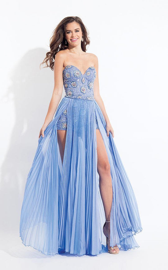 Rachel Allan  - 6072 Strapless Floral Beaded Romper with Overlay in Blue