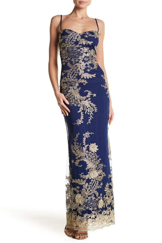 Marina - 264121 Sweetheart Bodice Embroidered Sheath Dress In Blue and Gold