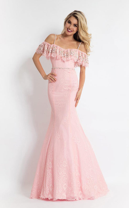 Rachel Allan  - 6111 Ruffled Off Shoulder Embroidered Gown in Pink