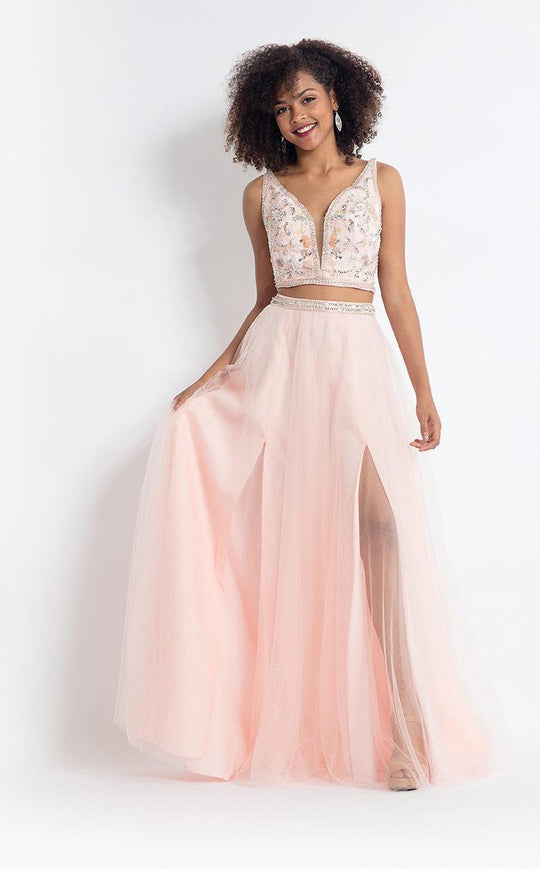 Rachel Allan  - 6118 Beaded Deep V-neck A-line Dress in Pink