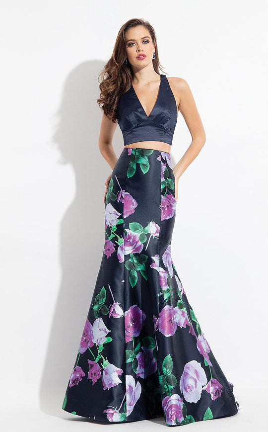 Rachel Allan  - 6134 Floral V-neck Mermaid Dress in Blue and Purple