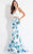 Rachel Allan  - 6134 Floral V-neck Mermaid Dress in White and Blue