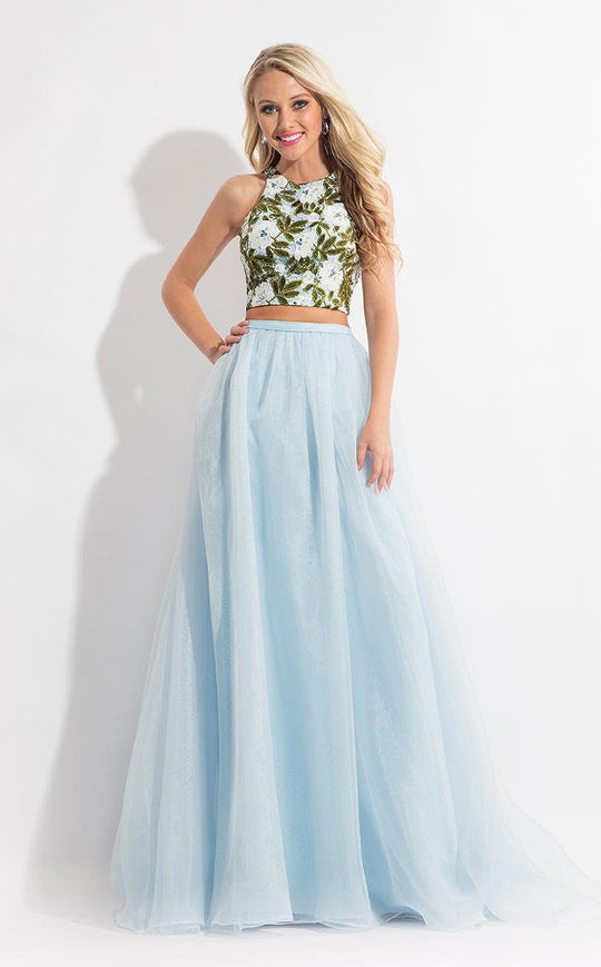 Rachel Allan  - 6151 Floral Embroidered Two Piece Halter Gown in Blue