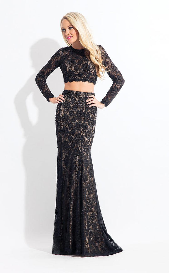 Rachel Allan  - 6153 Two Piece Long Sleeves Lace Gown in Black