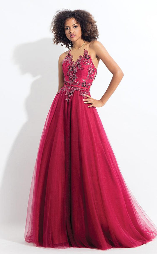Rachel Allan  - 6172 Floral Lace Applique Halter Gown in Red
