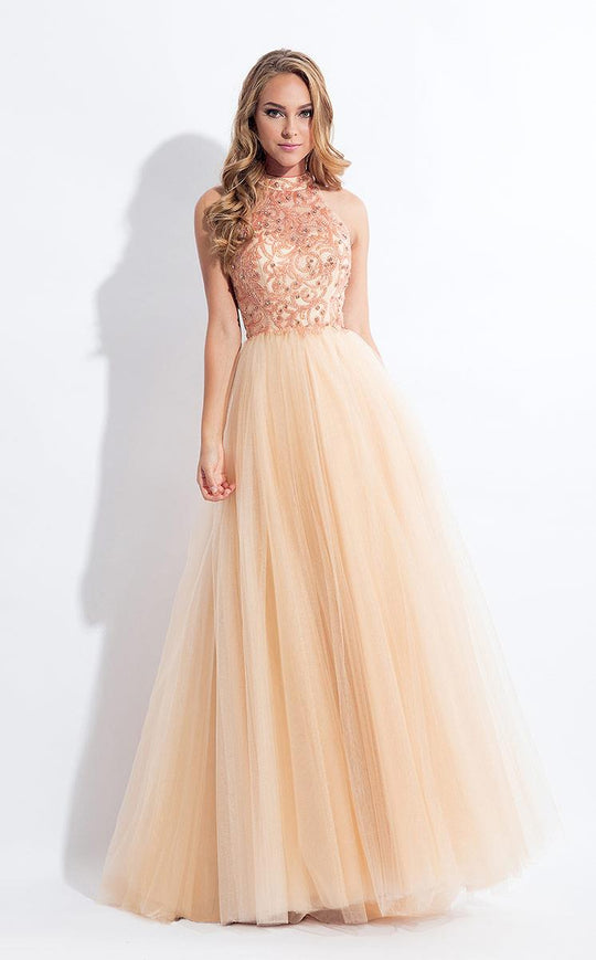 Rachel Allan  - 6178 Beaded High Neck Tulle Gown in Neutral and Gold