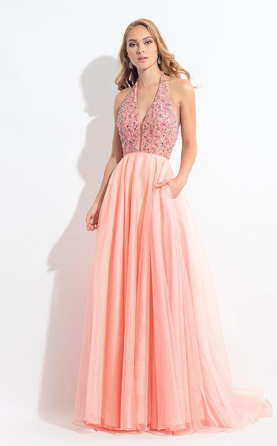 Rachel Allan  - 6187 Beaded Plunging Halter Pleated Gown in Pink