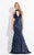 Rachel Allan  - 6190 Plunging Halter Sequined Jersey Gown in Blue