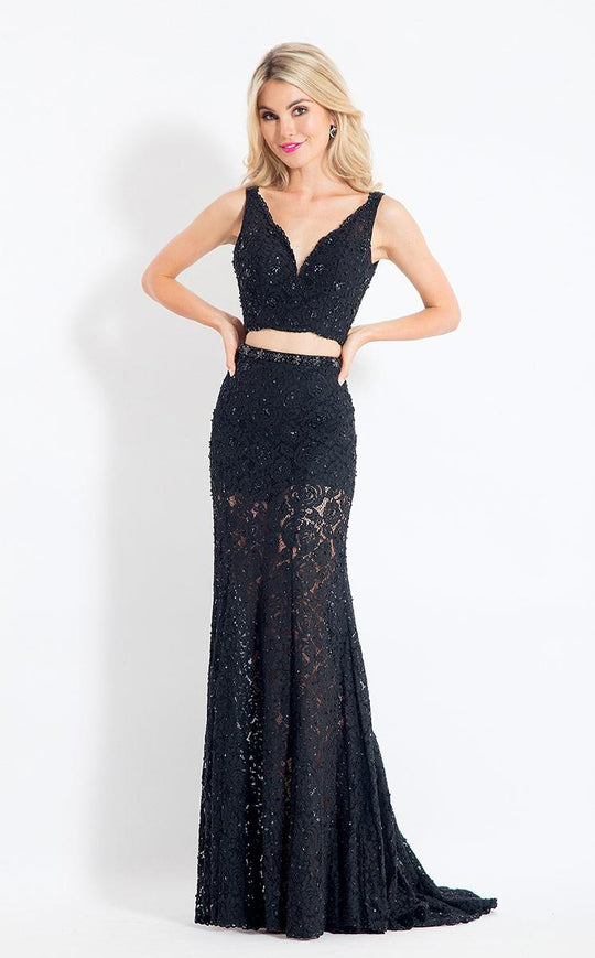 Rachel Allan  - 6213 Two Piece Lace V-Neck Gown in Black