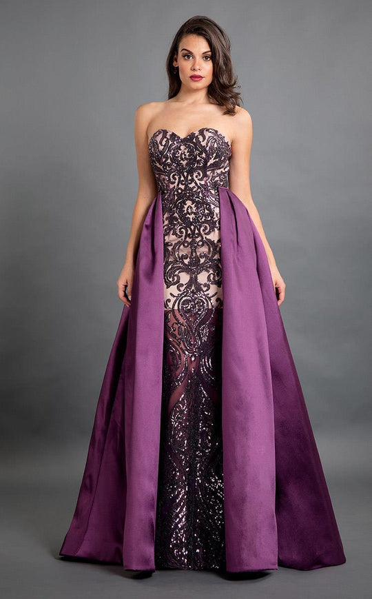 Rachel Allan Couture - 8329 Sequined Sheath Dress with Skirt Overlay in Purple