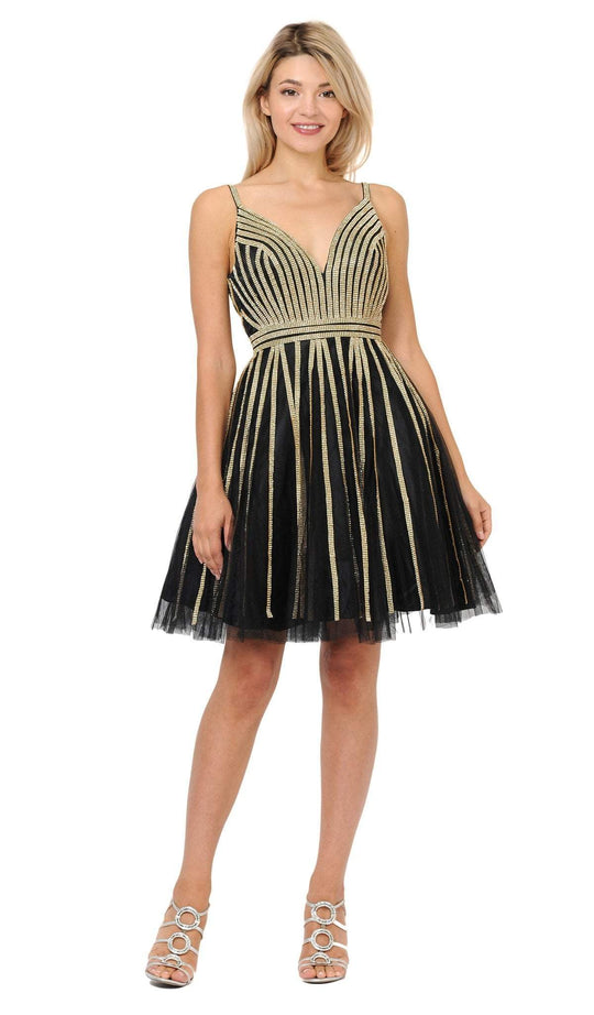 Poly USA - 8330 Gold Embellished Plunging V-neck A-line Dress