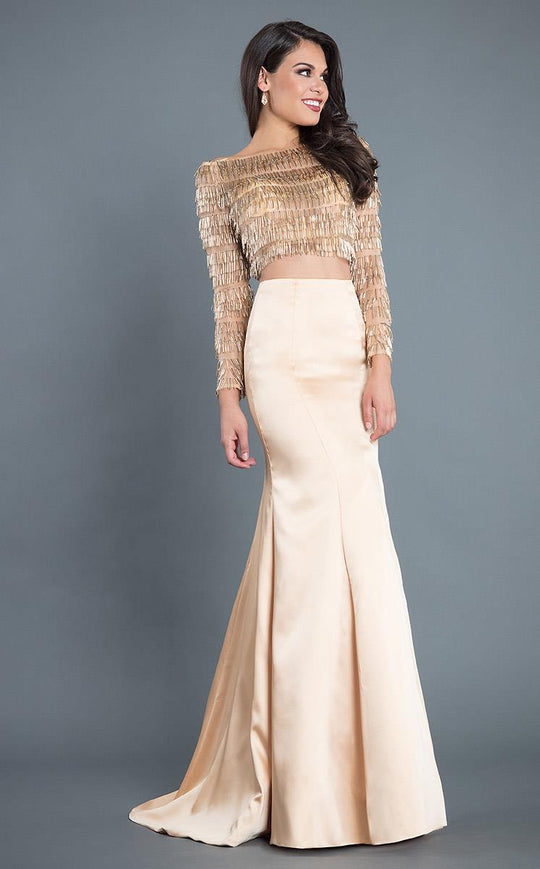 Rachel Allan Couture - 8332 Two Piece Fringe Trumpet Dress in Neutral