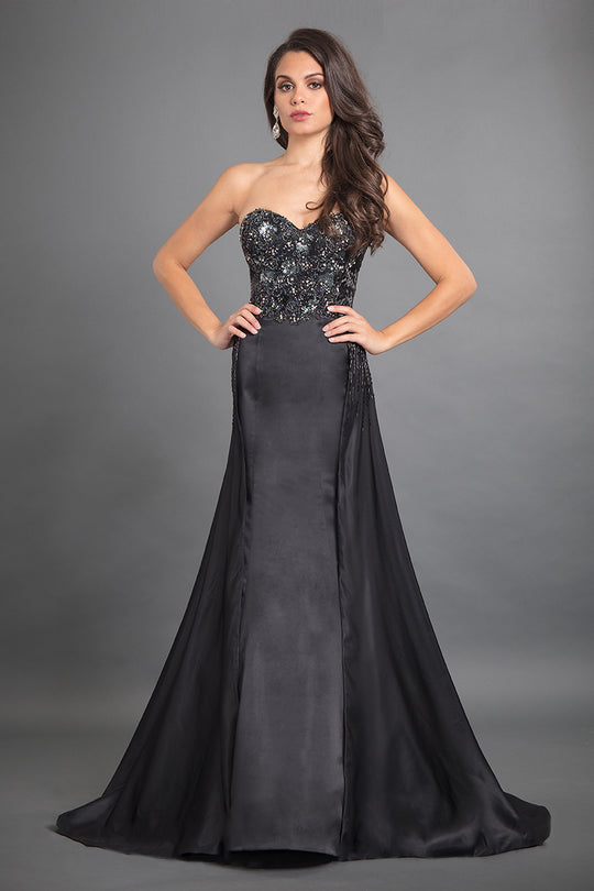 Rachel Allan Couture - 8333 Bedazzled Mermaid Dress with Overlay in Black