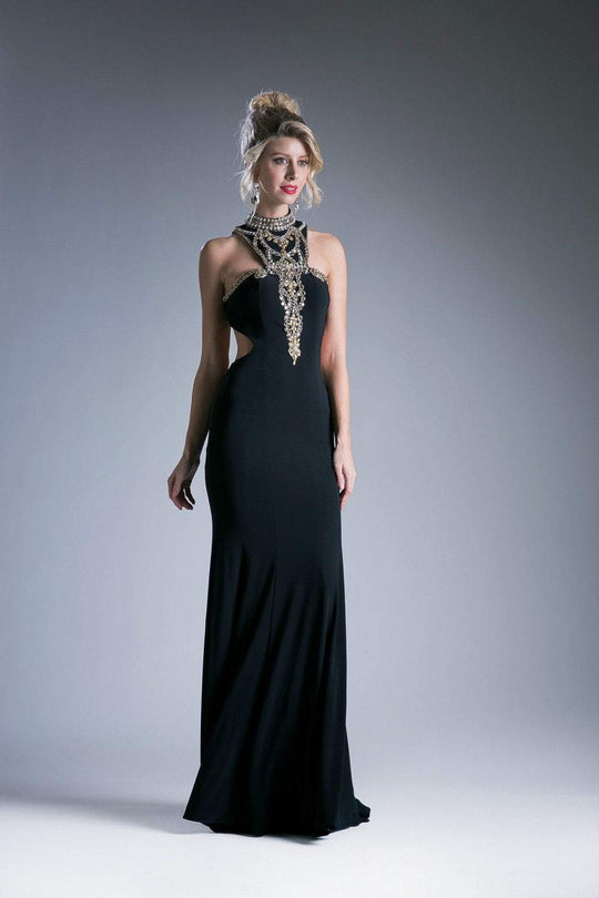 Cinderella Divine - 83403 High Halter Bead Appliqued Sheath Gown  In Black