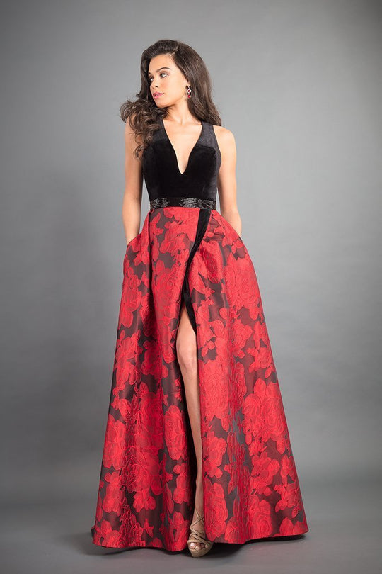 Rachel Allan - 8340 Plunging A-Line Evening Gown with Slit In Black and Red