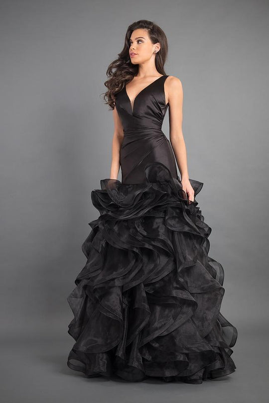 Rachel Allan - 8341 Deep V-neck Ruffled Organza Mermaid Gown in Black