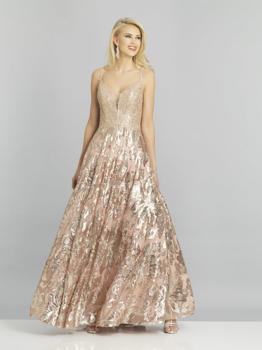 Dave & Johnny - A8342 Illusion Plunging V Neck Embellished A-Line Gown In Pink and Gold