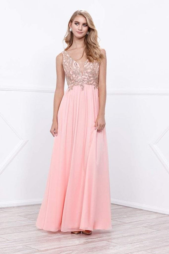 Nox Anabel - Beaded V-Neck Illusion Long Dress in Pink