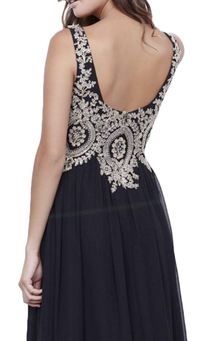 Sleeveless Beaded V Neck Lace Bodice Long Gown