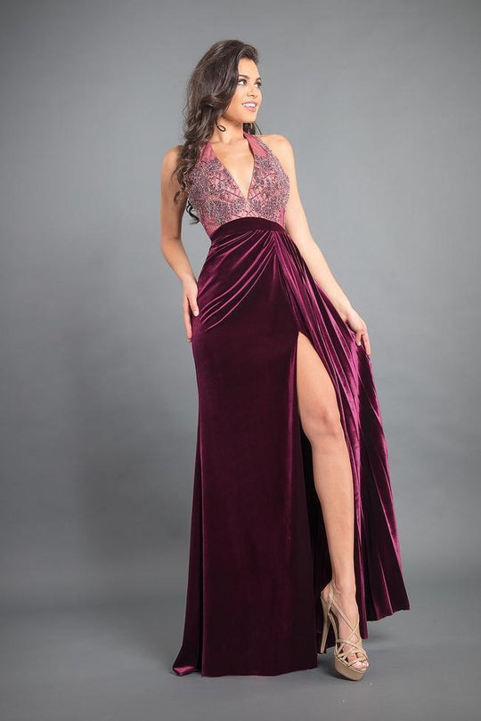 Rachel Allan - 8345 Beaded Halter Velvet A-line Dress in Purple