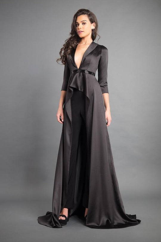 Rachel Allan - 8349 Plunging V-neck Satin Jumpsuit in Black