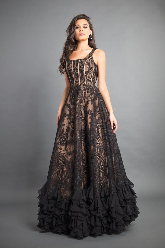 Rachel Allan - 8352 Lace Scoop Chiffon A-line Gown in Black