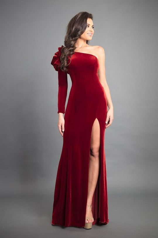 Rachel Allan - 8359 Velvet Ruffled One Shoulder Sheath Dress in Red
